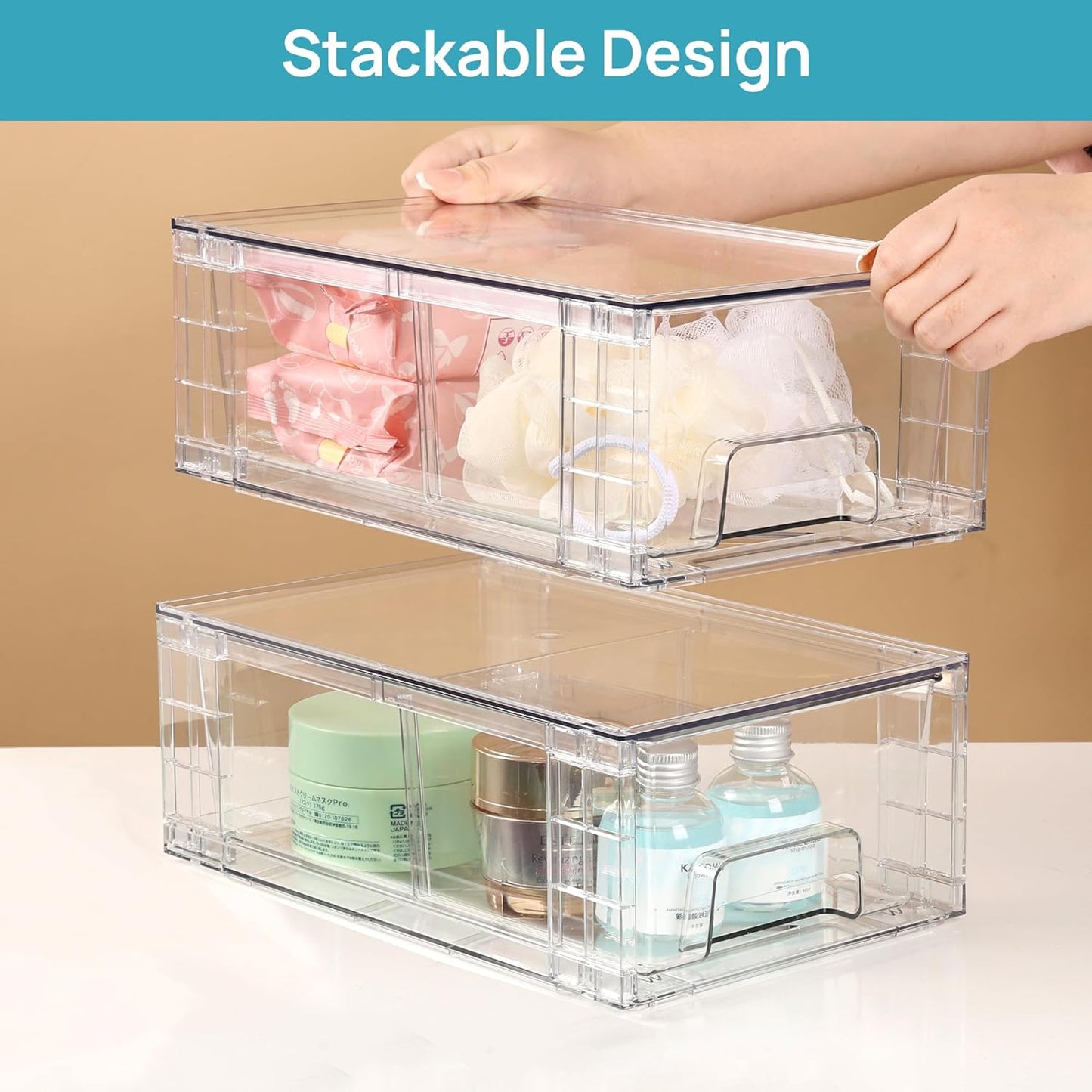 Vtopmart 4 Pack Stackable Storage Drawers,Clear Acrylic Drawer Organizers with Handles, Easily Assemble for Fridge, Bathroom,Kitchen Undersink,Cabinet,Pantry Organization and Storage