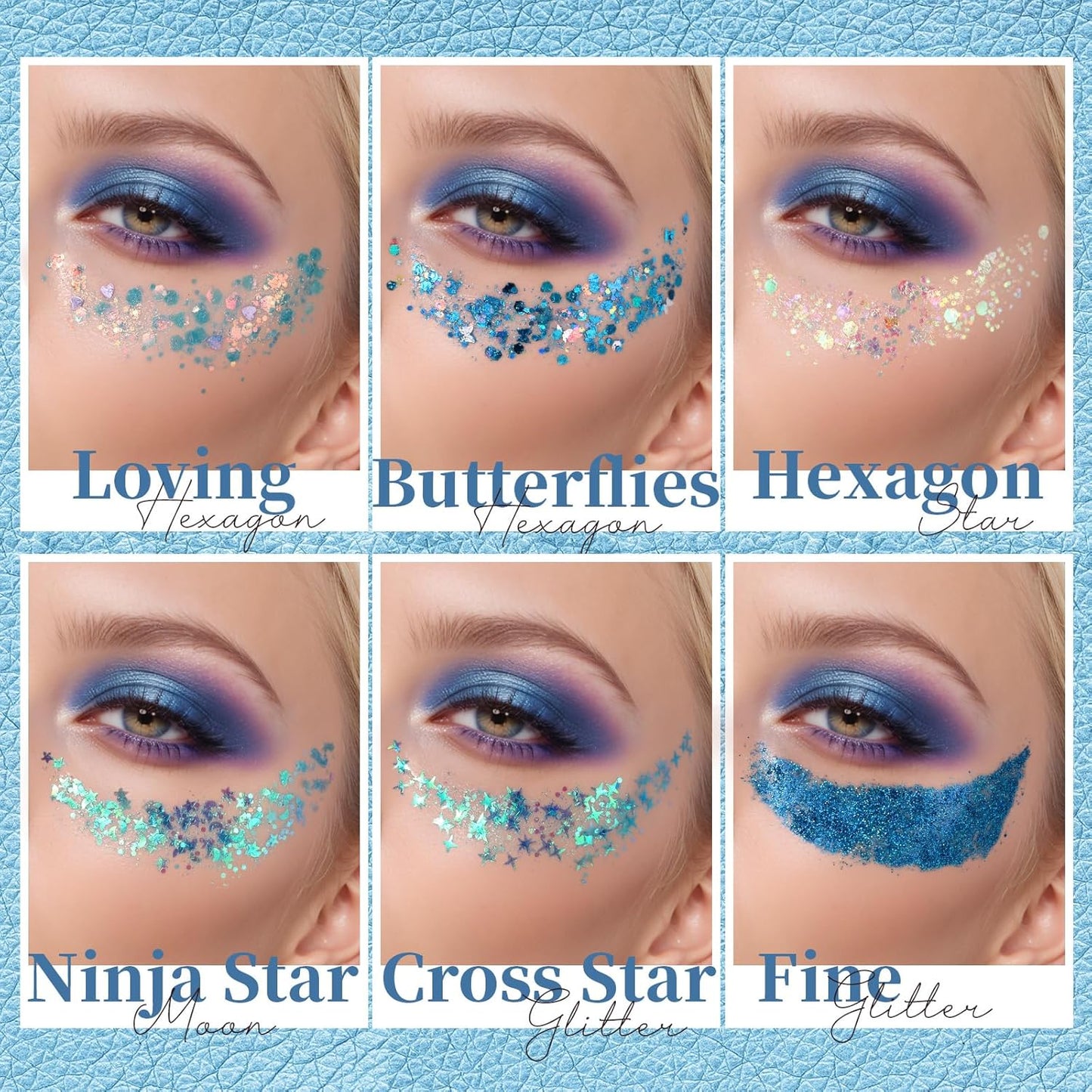 Teenitor Face & Body Glitter - Blue, Hair Glitter Gel, 6 Shapes Festival Makeup Glitter for Face, Hair & Body