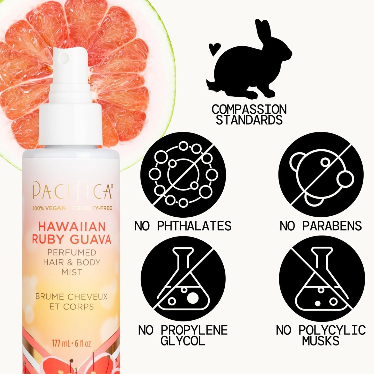 Pacifica Hawaiian Ruby Guava Hair Perfume & Body Fragrance Spray Mist - Body Mist Fragrance w/ Grapefruit, Patchouli, Sugar Notes & Geranium Clean Beauty Alcohol-Free, Vegan & Cruelty-Free, 6 oz