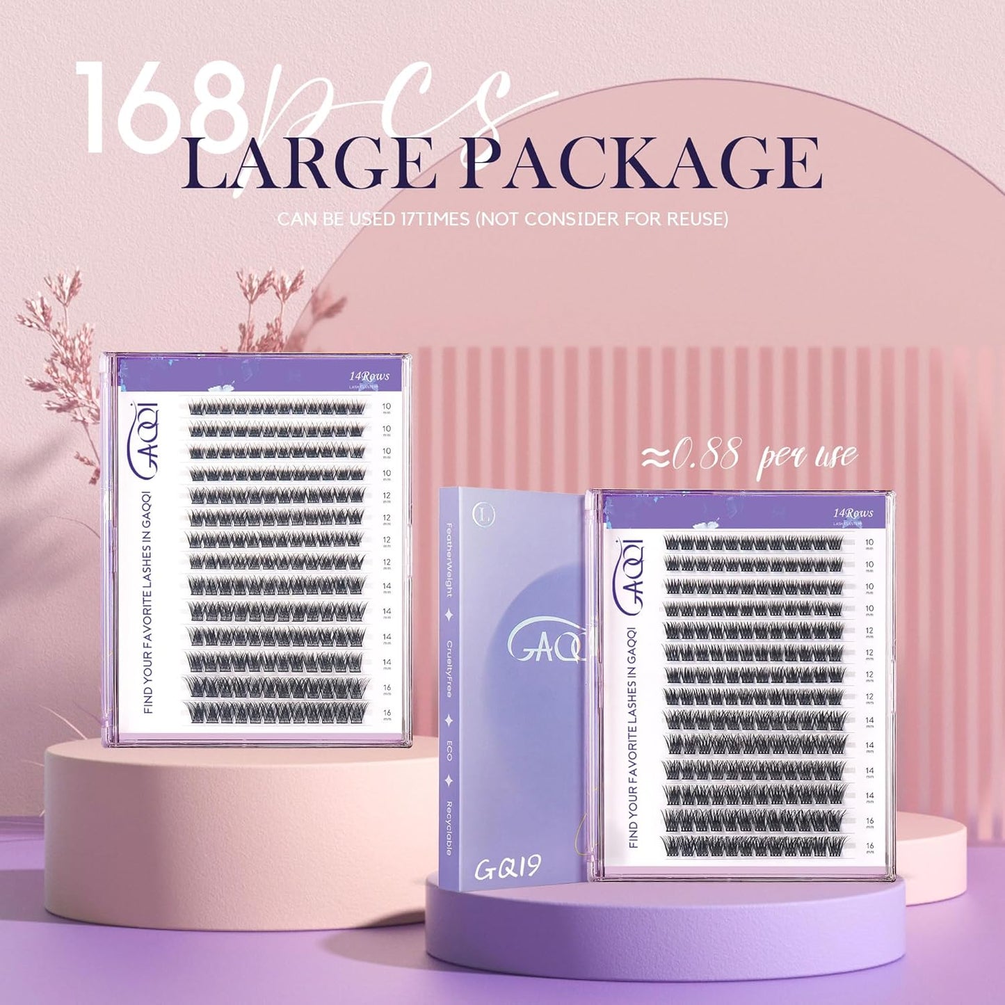 GAQQI Lash Clusters, GQ03 False Eyelashes DIY Lash Extensions C Curl 168PCS Cluster Lashes 14MM, Wispy and Natural Lash Wisps (GQ03,14mm,C Curl)