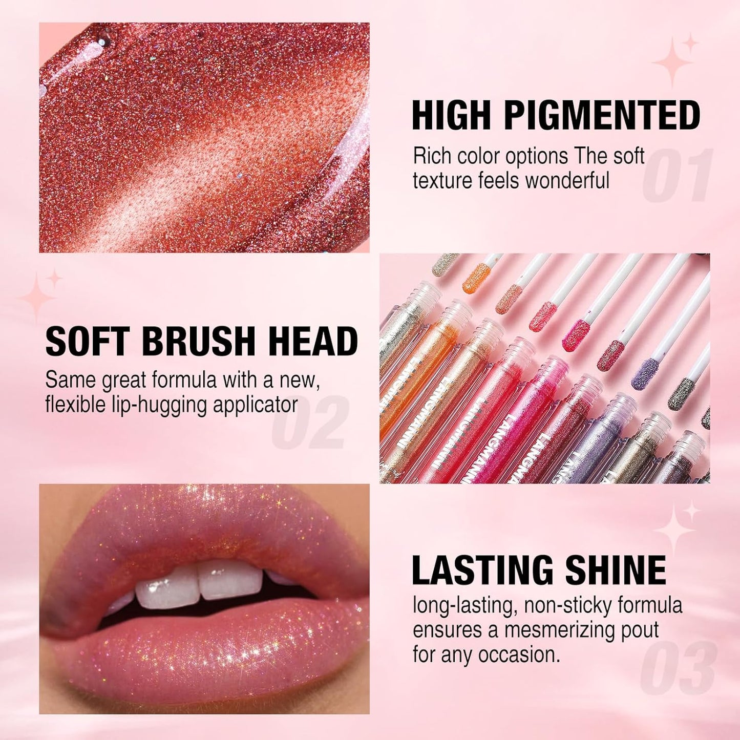 LANGMANNI 2 Colors Diamond Glitter Lip Gloss Set,Long Lasting High Shine Shimmer Liquid Lipstick Set,Hydrating,Moisturizing Lip Gloss Kit Gift Makeup For Girls(#01+02)