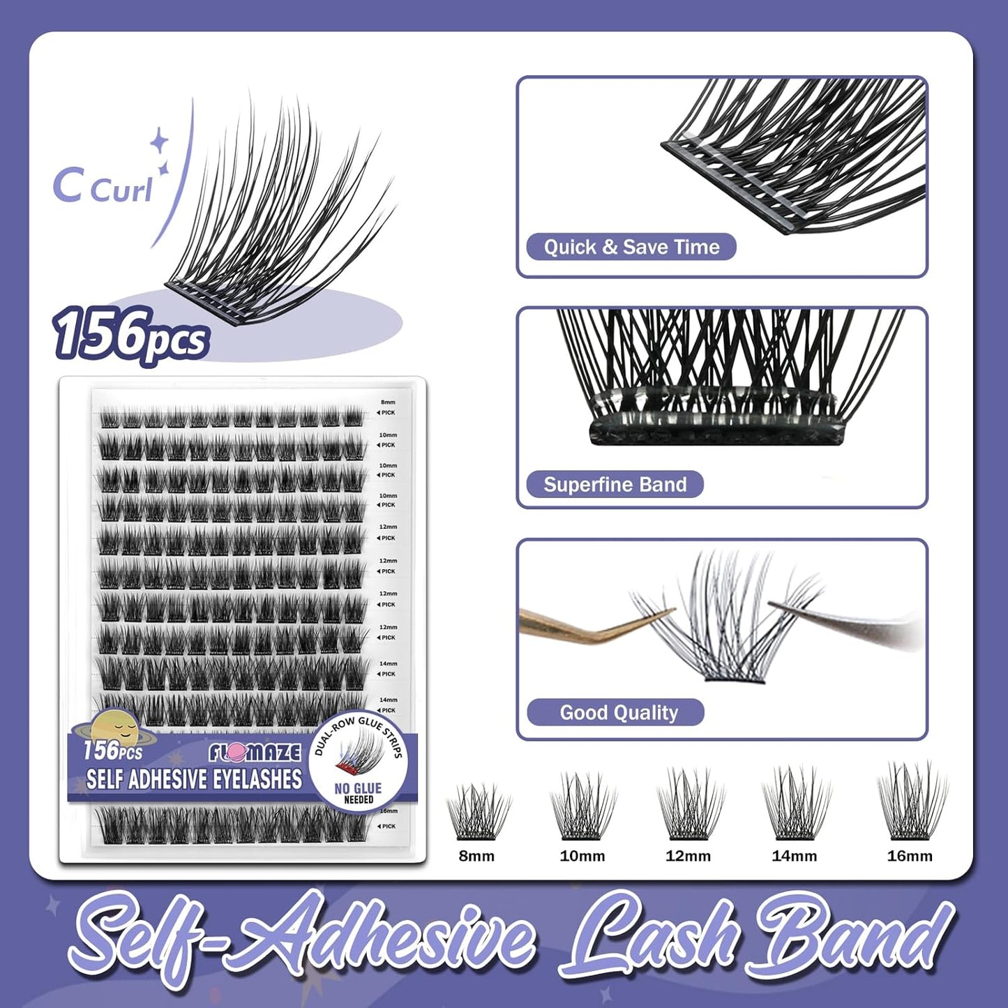 Self Adhesive Eyelashes, 156 PCS Self Adhesive Eyelash Clusters, No Glue Needed, Dual-row Glue Strips Individual Lash Extension Super Sticky Reusable False Lashes (Volume-Mixed)
