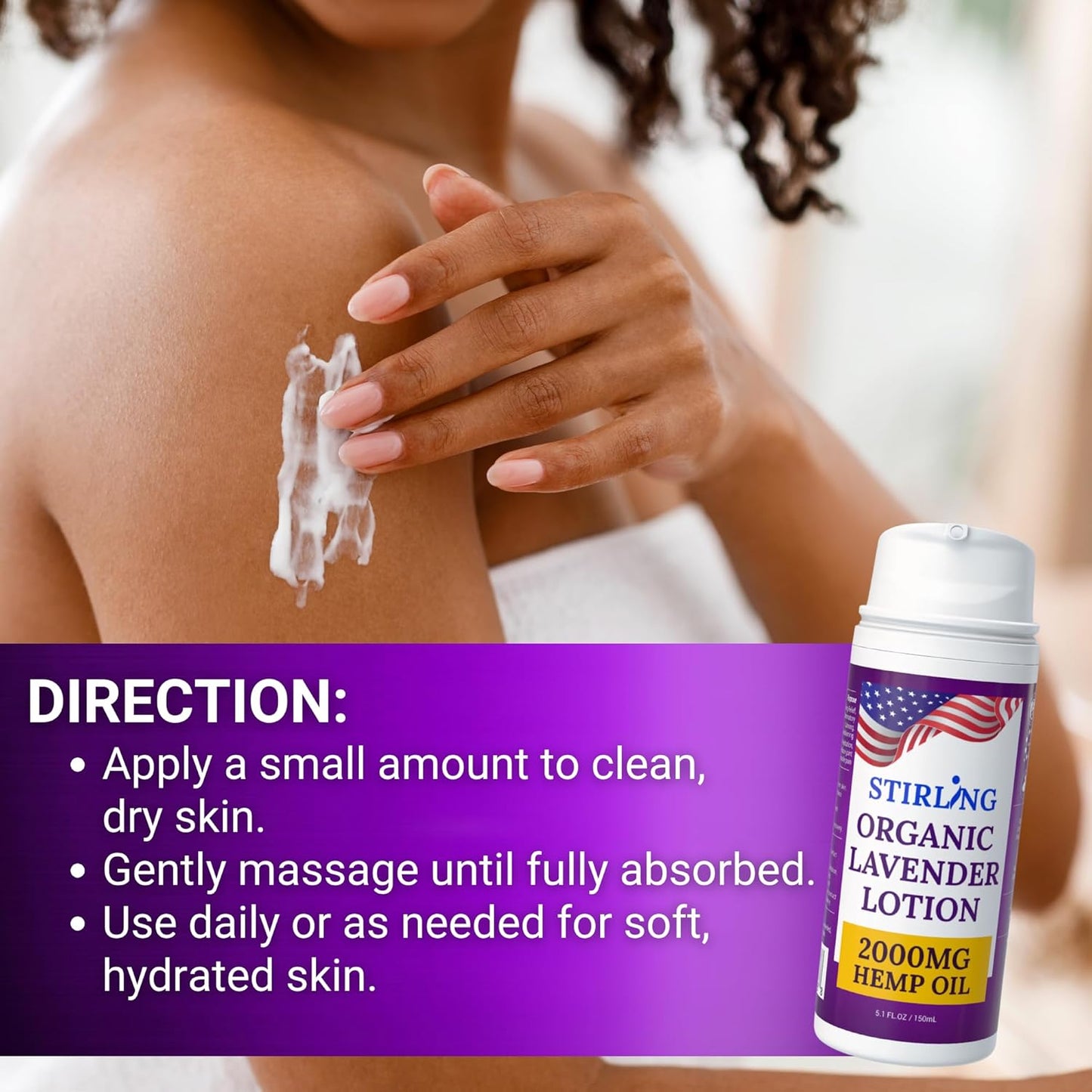 STIRLING Lavender Lotion β Organic Lavender with 2000mg Hemp Oil, Aloe Vera, and Vitamin E β Nourishing and Moisturizing Body Lotion for a Soft and Smooth Feel