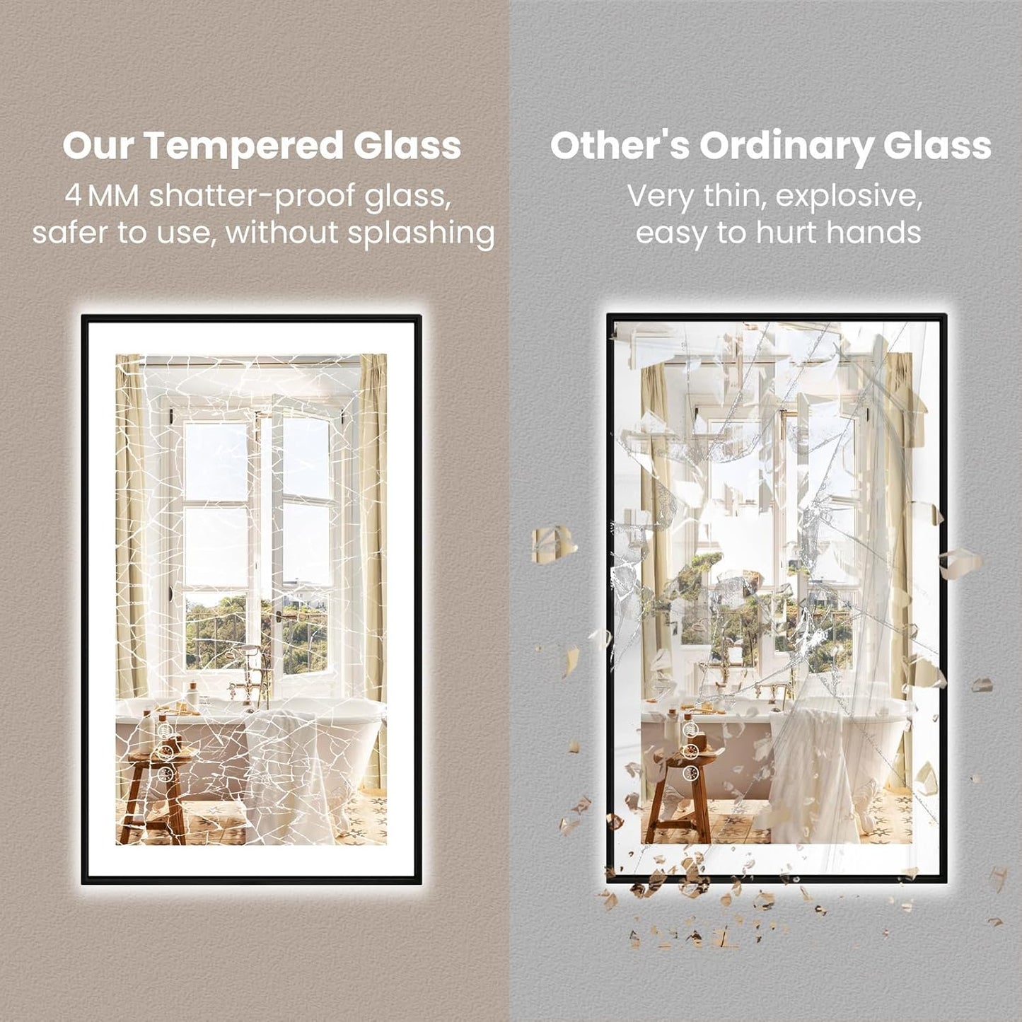 Amorho 40"x 32" LED Bathroom Mirror with Black Frame, Front Light and Backlit(Controlled Separately), Stepless Dimmable, Anti-Fog, Shatter-Proof, 3 Colors, Memory