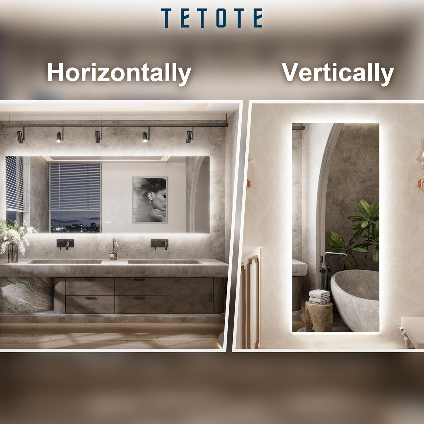 TETOTE 42 x 36 Inch LED Mirror Backlit Bathroom,Anti-Fog Mirror with Light,Dimmable,CRI90+,IP54 Water Proof,Wall Mounted Vanity Lighted,Horizontal/Vertical