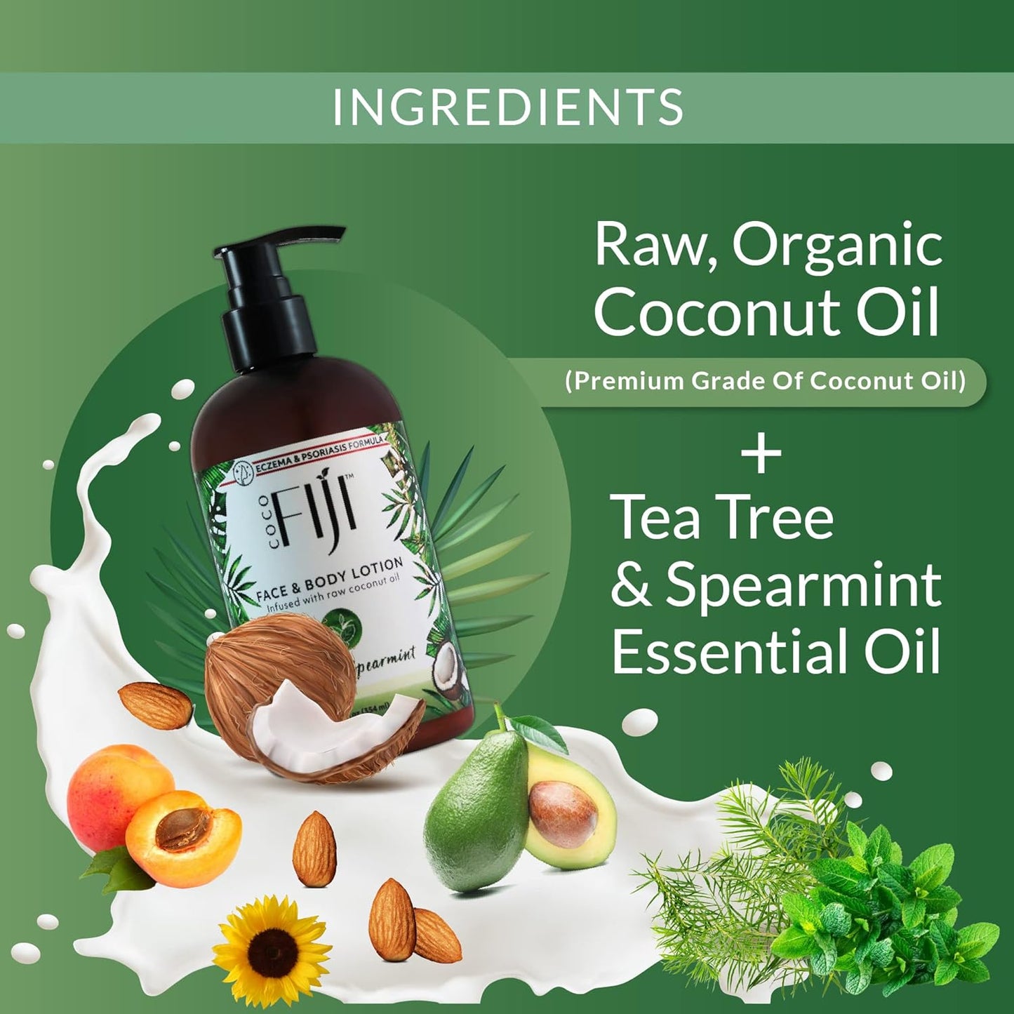 Coco Fiji Face & Body Lotion Infused With Coconut Oil | Lotion for Dry Skin | Moisturizer Face Cream & Massage Lotion for Women & Men | Tea Tree Spearmint 12 oz, Pack of 1