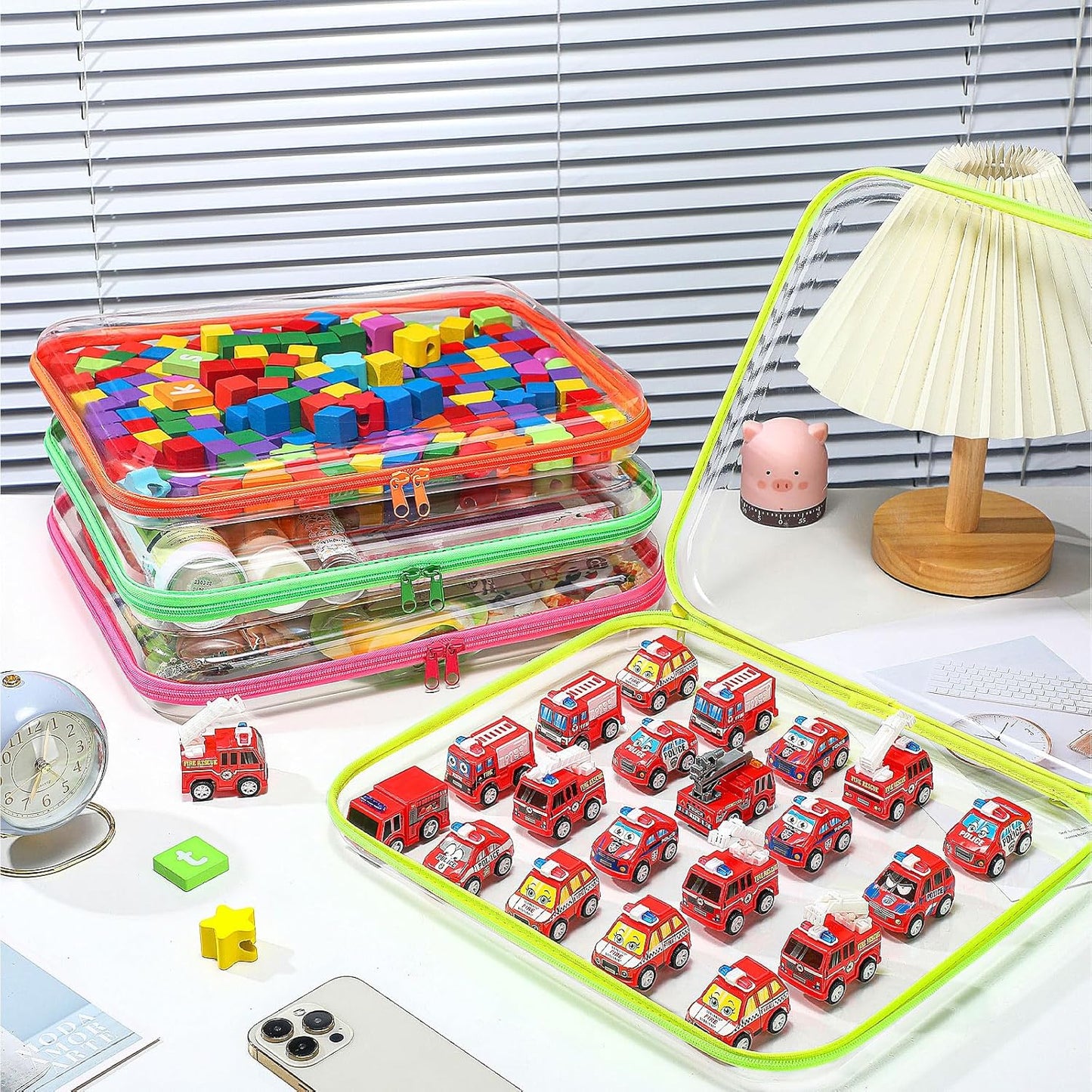 Hoolerry 4 Pcs Hard Clear Zipper Case Makeup Bags Plastic Pencil Pouch Transparent Storage Box Containers for Cosmetics, Snacks, Building Blocks, Puzzles(Fluorescent,13.8 x 11.8 x 2 in)