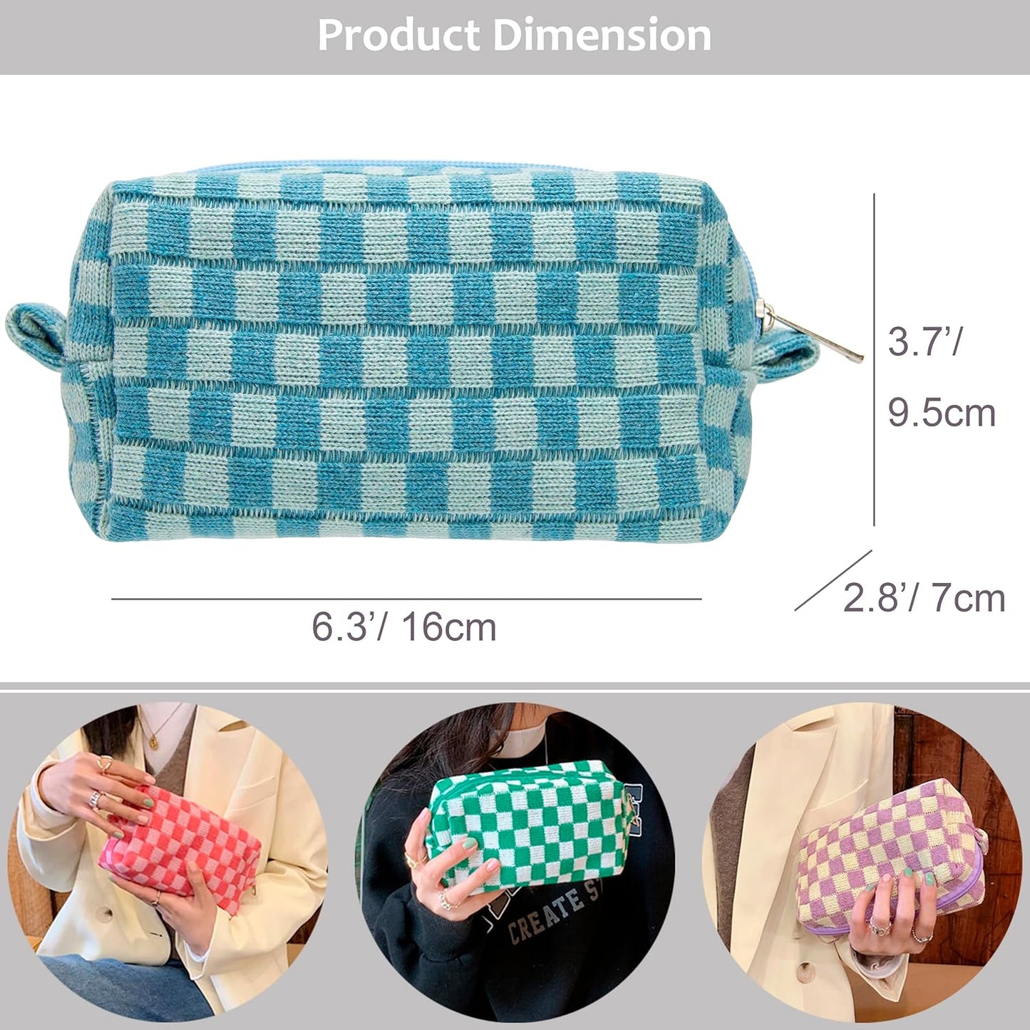 PAZIMIIK Checkered Makeup Bag for Purse Portable Zipper Make Up Pouch Small Cosmetic Case for Travel Accessories Lake Blue