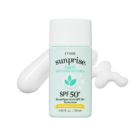 ETUDE Sunprise Sunscreen Mild Sun Milk SPF 50+ / PA++++ (55ml) | Sebum-free, Non-Sticky, Long Lasting Protection, 100% Mineral Korean Sunscreen for sensitive skin