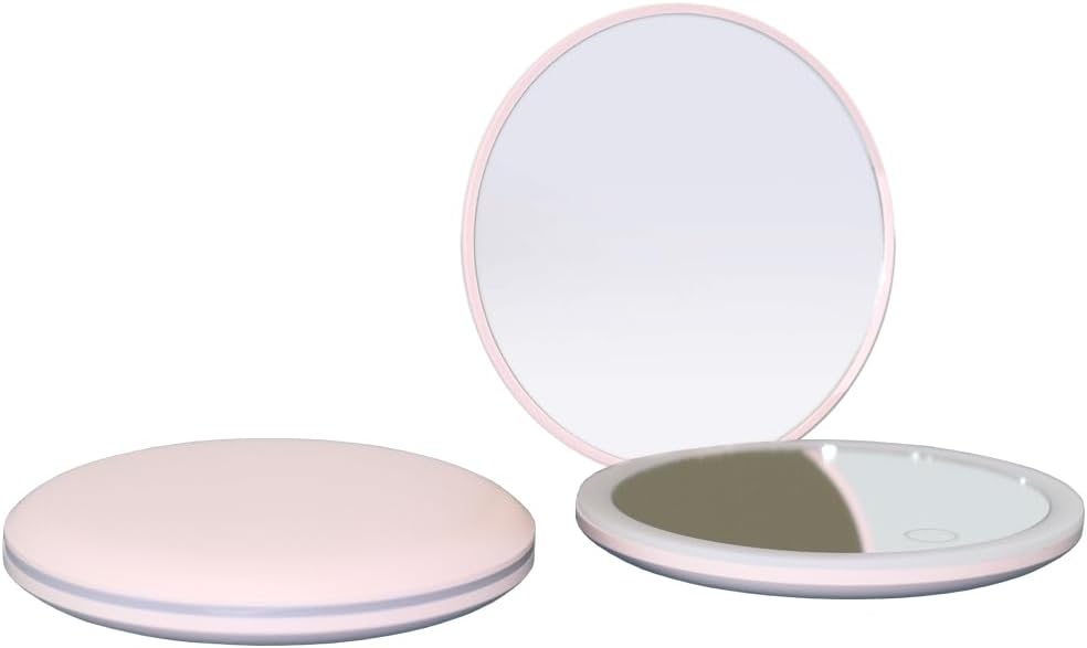 MONKEY SUN LED Mini Makeup Mirror, Compact Folding Travel Mirror with Touch Control, Round (Pink, 3.5 inch)