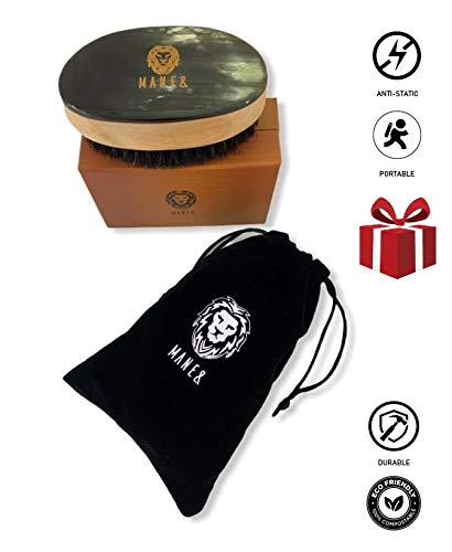 Man & Mane Premium Handmade Oxhorn & Beechwood Military Style Medium Stiff Natural Boar Bristle Men’s Hair Brush for Facial Hair & Beard Care