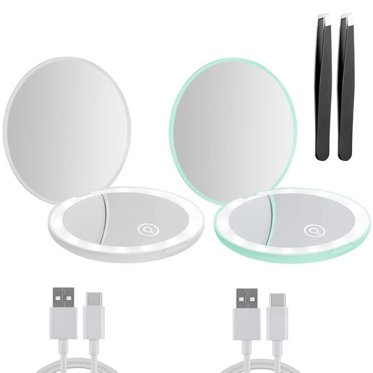 Compact Mirror with LED Light,1x/10x Magnifying Rechargeable Mirror,3.5in, Dimmable Travel Mirror for Purse,Pocket,Handheld 2-Sided Makeup Mirror