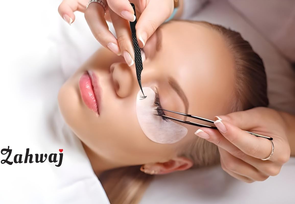 Lash Tweezers - Set of 5 Diamond Grip Eyelash Tweezers - Stainless Steel Professional Fiber Tip Lash Tweezer for Eyelash Extensions (Black)