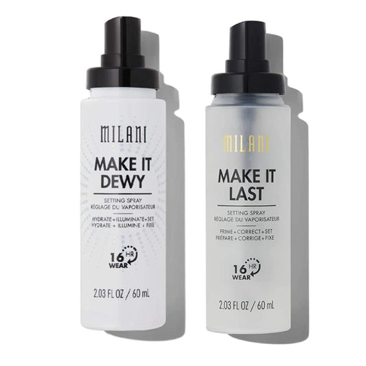 Milani Setting Spray + Primer, Make It Last Original - Natural Finish with Niacinamide for Hydration & Make It Last Dewy - Dewy Finish Moisturizing Formula for Glow on the Go - 2 Pack