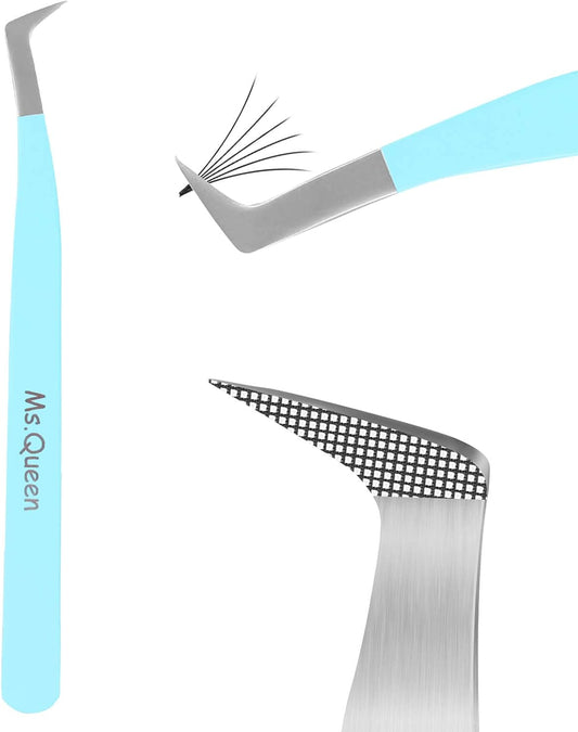 Ms.Queen Volume Lash Tweezers, Fiber Grip L-Angled Tips Boot Tweezers for Mega Volume Eyelash Extensions, Blue