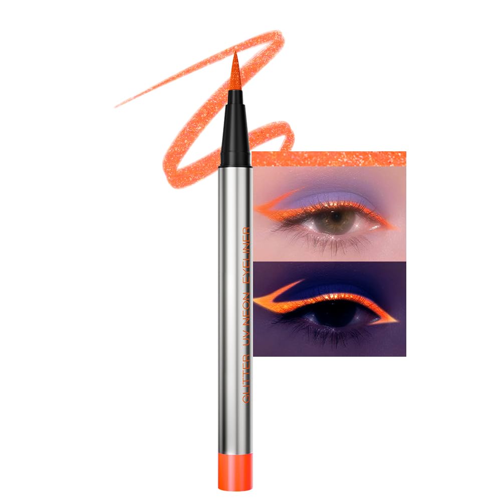 evpct Orange Shimmer Eyeliner UV Neon Gel Eyeliner Pencil Makeup, Rainbow Halloween Colored Colorful Gel Eye Liner Pen Glow in Dark Makeup, Long Lasting Waterproof Eyeliners for Face Body Painting