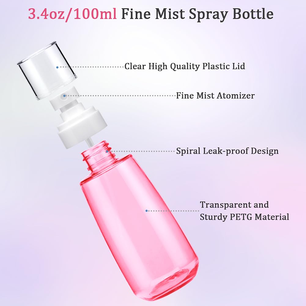 Cosywell Fine Mist Spray Bottle 3.4oz/ 100ml Empty Cosmetic Refillable Travel Containers Plastic Hair Spray Bottle Sprayer for Perfume Skincare Makeup Lotion (4color)