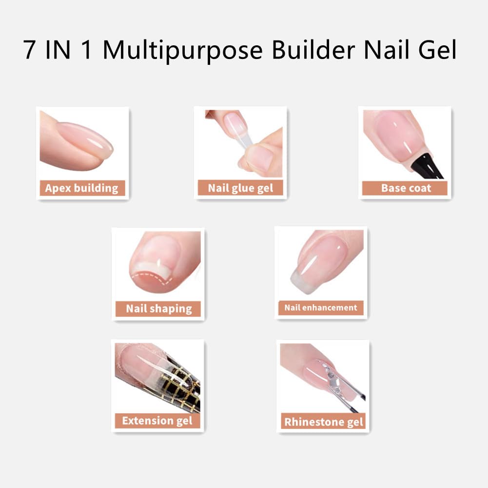 Builder Nail Gel, 7-in-One Clear Builder for Nails, LED Lamp Cured Color Base Coat Strengthener Thickening Extension Rhinestone Glue Gel Polish in a Bottle for DIY Home Salon Gift