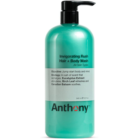 Anthony Mens Body Wash and Shampoo: Invigorating Rush 2-In-1 Liquid Gel Soap & Hair Shampoo, Pine Wood Scent, Hydrating with Eucalyptus, Canadian Balsam, Birch Leaf, Charcoal, Sea Kelp, 32 Fl. Oz