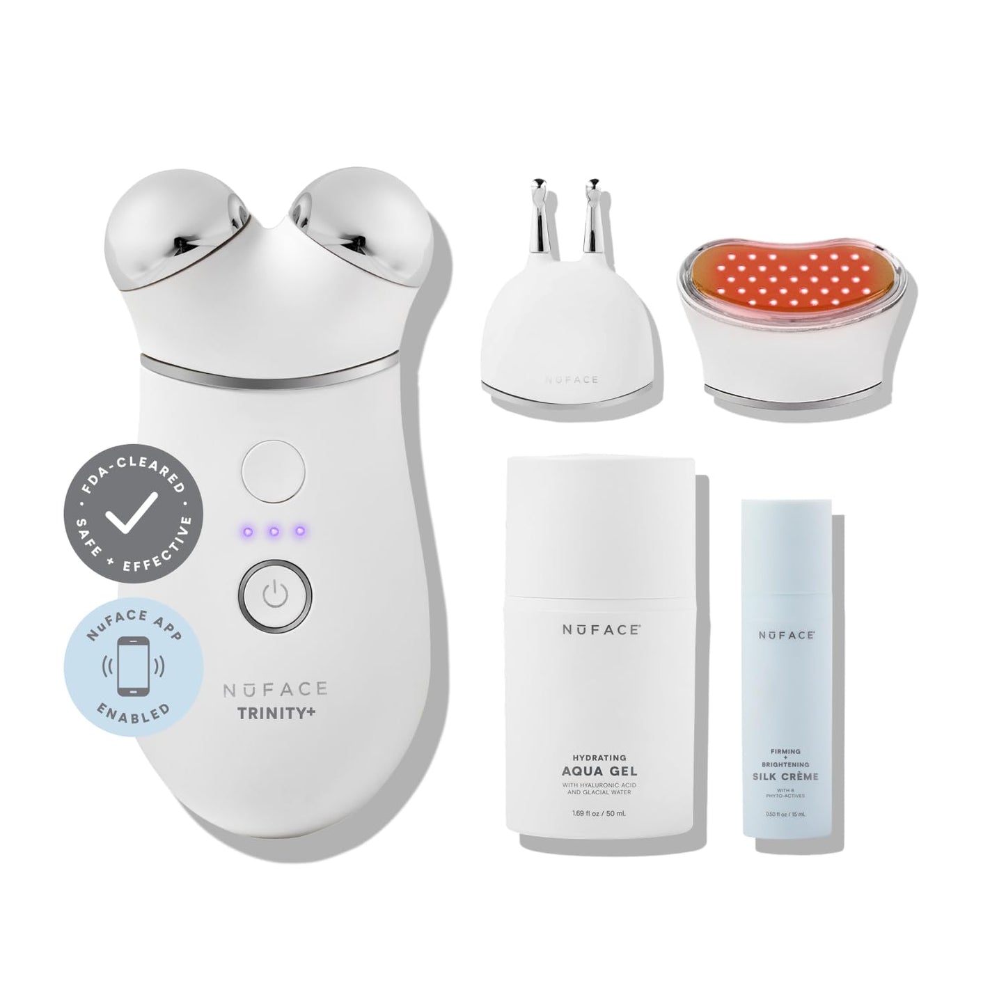 NuFACE TRINITY+ Microcurrent Facial Device, Wrinkle Reducer + Effective Lip & Eye Attachment - FDA Cleared Face Toning Device for Targeted Treatment + Microcurrent Gel Activator & Silk Creme