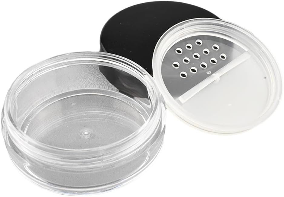 HAHIYO 1Pcs 10ml/0.34oz Plastic Empty Travel Compact Case Makeup Cosmetic Jar Refillable Powder Box No Leak Powder Holder with Rotatable Sifter and Black Screw Lid