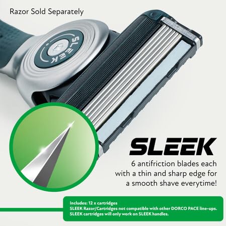 DORCO SLEEK - Six Blade Razor System with Multi-Flex technology Refill Set, Precision Shaving Razor Replacement Cartridge (12 pack)