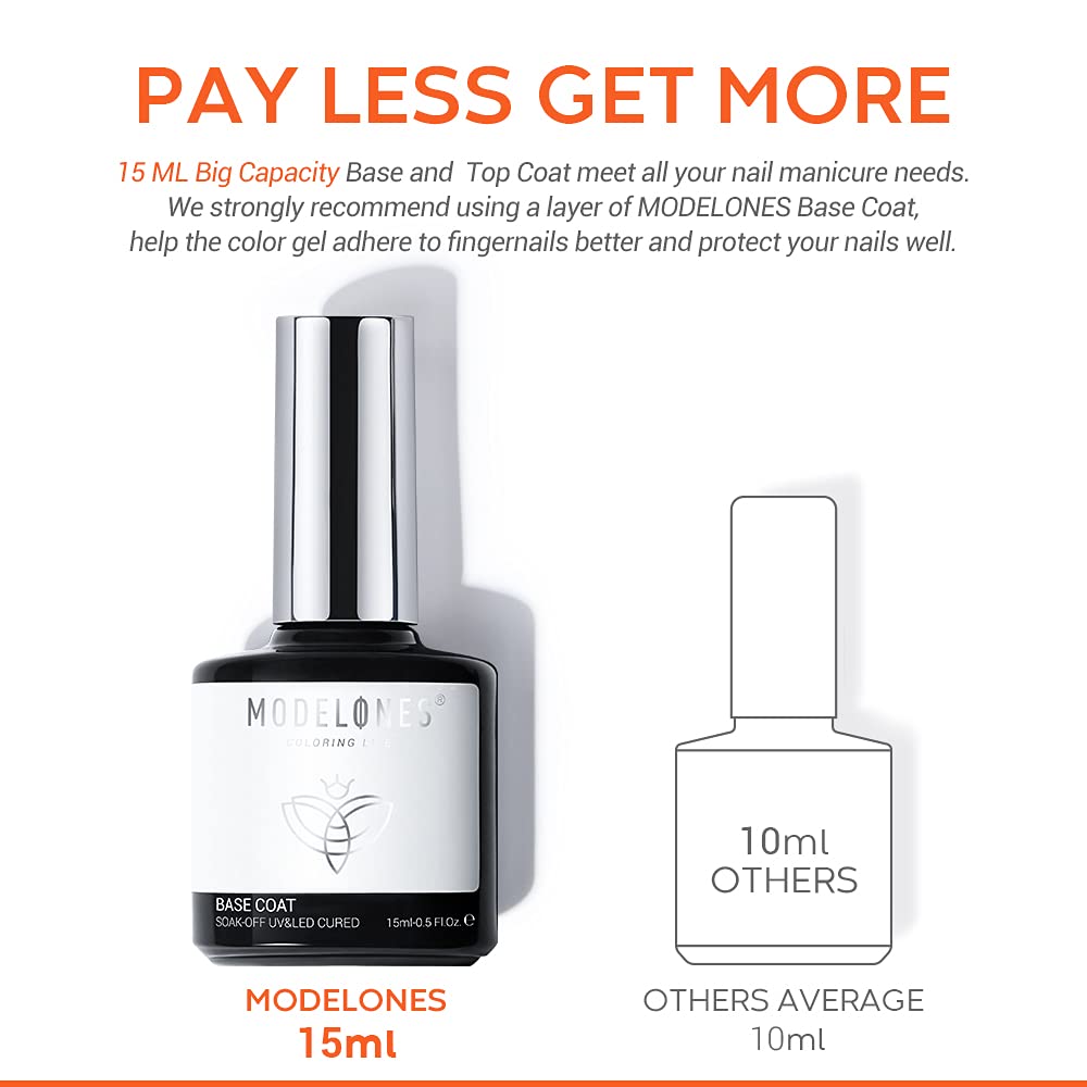 modelones Gel Nail Polish Base Coat, 2025 Upgraded Formula Clear High Glossy Gel Base coat Soak Off Long-Lasting DIY Home Salon Nail Art 15ml