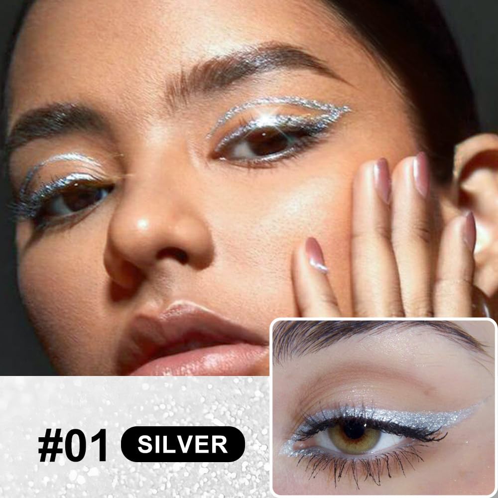 evpct 1Pcs Silver Glitter Liquid Eyeliner, Metallic Shimmer Light Silver Eyeliner Liquid Eye Liner Eyeshadow Pencil Face Body Glitter Makeup, Longwear Waterproof, Fake Eyelashes Mascara Accessories