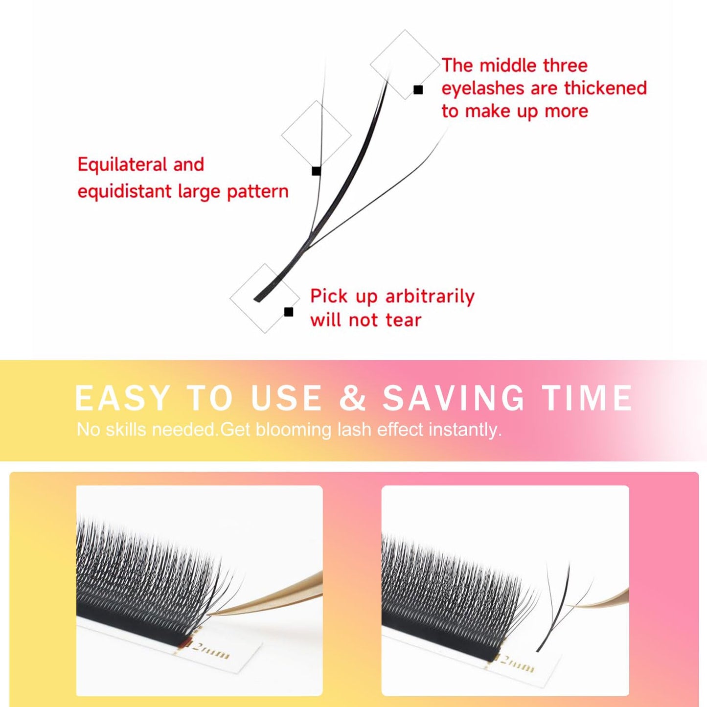 Lash Extensions Three Core Tips 3D Eyelash Extensions W Shape 0.07mm Thickness D Curl 14mm Premade Fans Easy Fan Volume Lashes Matte Black Crisscross(W-3D-Three Core-0.07-D,14mm)