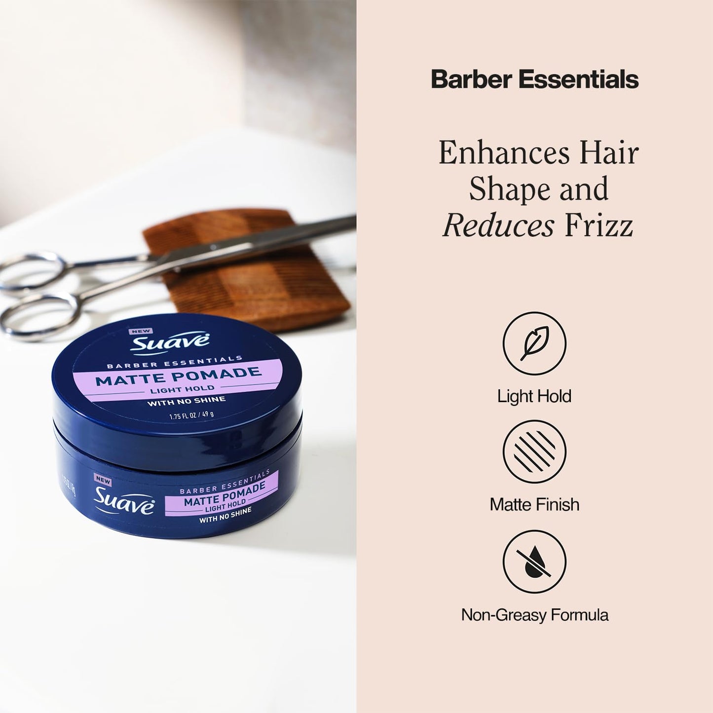 Suave+ Matte Pomade for Men’s Hair Styling 4-Pack – Light Hold, No Shine, Shaping Cream & Frizz Control, Barber Essentials, 1.75 Oz Ea