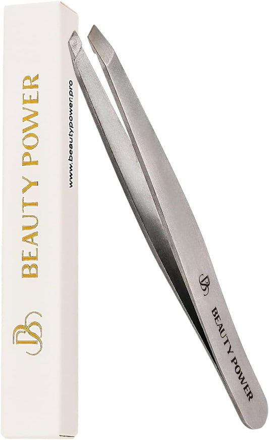 Slant Tip Precision Tweezers - Stainless Steel Eyebrow Tweezers for Women & Men - Precision Tweezers for Facial Hair, Ingrown Hair & Brow Shaping - Professional Beauty Tool (Matte Gray)