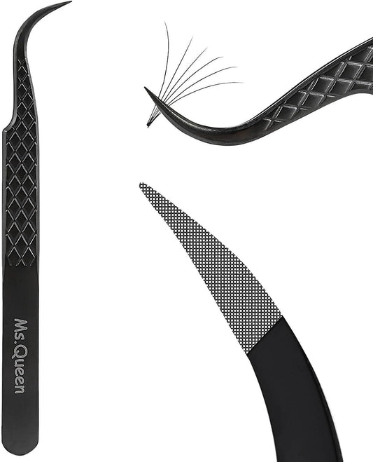 Ms.Queen Eyelash Tweezers For Extensions, Precision Diamond Grip Curved Lash Tweezers Fiber Tip,Black