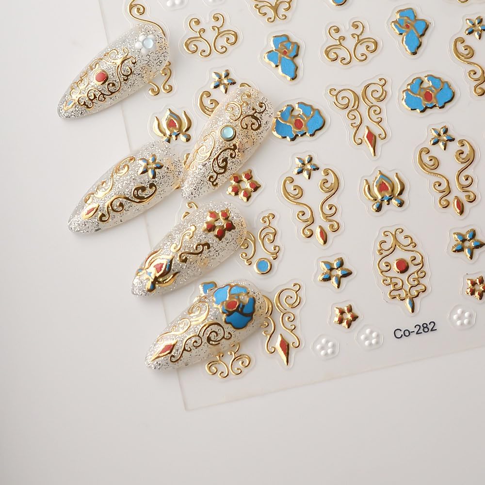 Gold Fall Nail Art Stickers 5D Embossed Geometric Bohemian Nail Stickers, Self-Adhesive Durable Nail Art Decals for Women Girls, Nail Wraps Decoration Manicure for DIY Acrylic Nail Accessories