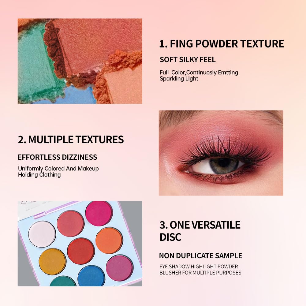 9-Color Bright Eyeshadow Palette – Vibrant Matte Rainbow Shades, Pink, Yellow, Green & Blue Tones, Long-Lasting, Waterproof, Blendable, Ideal for Party, Stage, or Trendy Everyday Makeup 03