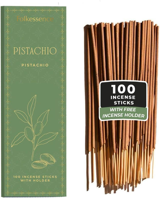 Folkulture Incense Sticks | Set of 100 Insence-Sticks with Holder for Relaxation | Pistachio Fragrance Incense | Organic, Slow Burning & Non Toxic Inscents for Meditation | Dessert Inspired