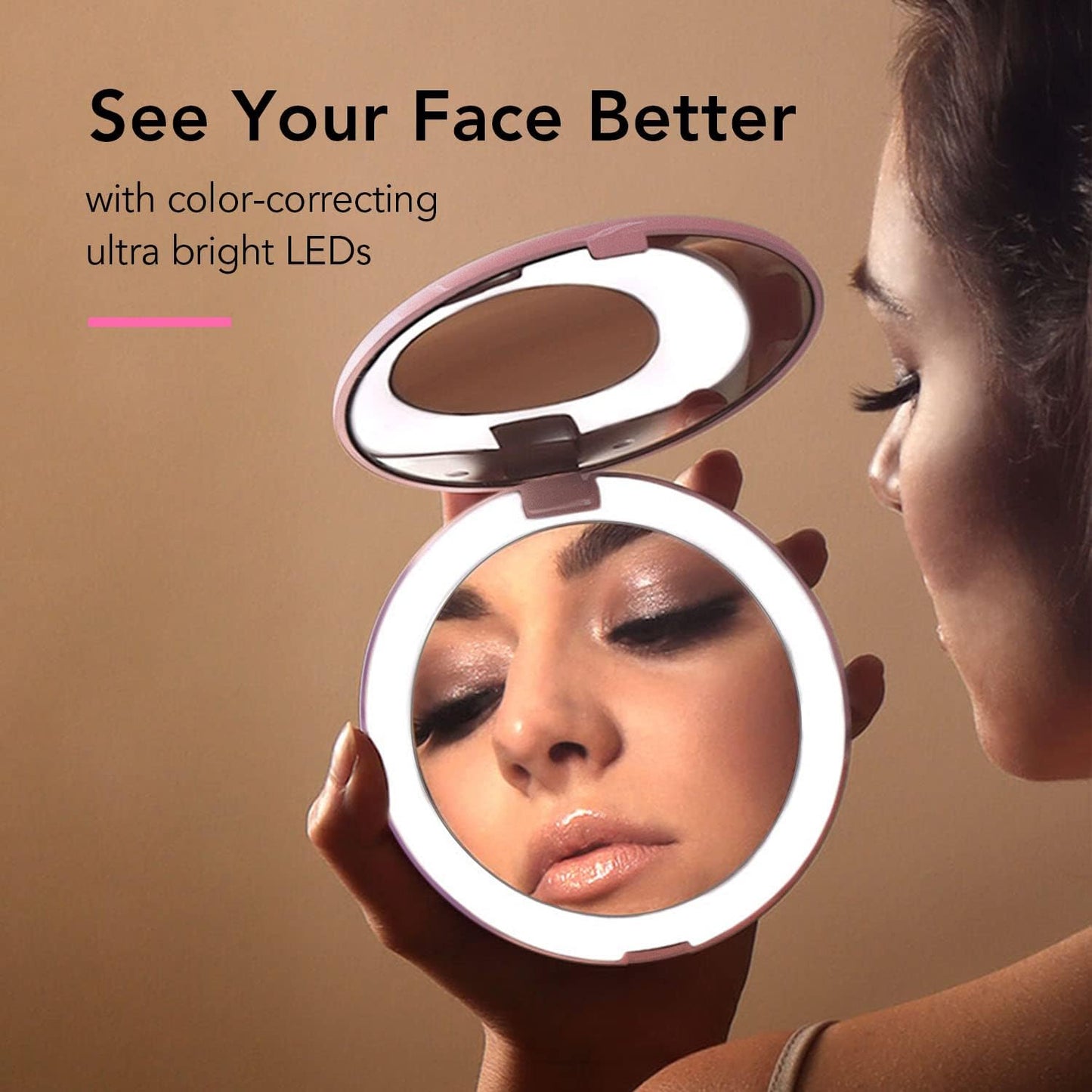 Fancii Taylor LED Lighted Travel Makeup Mirror, Rechargeable with 10x/1x Magnifying & 3 Light Settings - Compact, Portable, Large 5” Wide Hand Mirror for Handbag and Purses (Rose Gold)