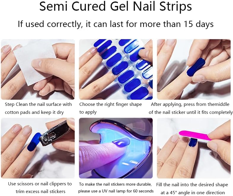 Semi Cured Gel Nail Strips with Colorful Designs Gel nail stickers Glossy Nail strips Salon Quality & Easy to Use 20 Pcs for Women
