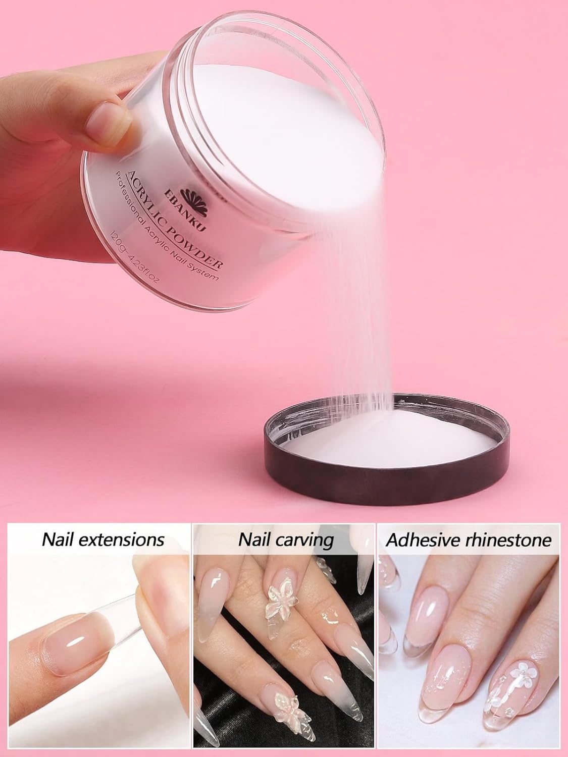EBANKU Clear Acrylic Nail Powder, Long Lasting 3D Fingernail Carving & Nail Extensions, Professional Acrylic Powder for Manicure, No Nail Lamp Needed, 120g/4.23oz Large Capacity
