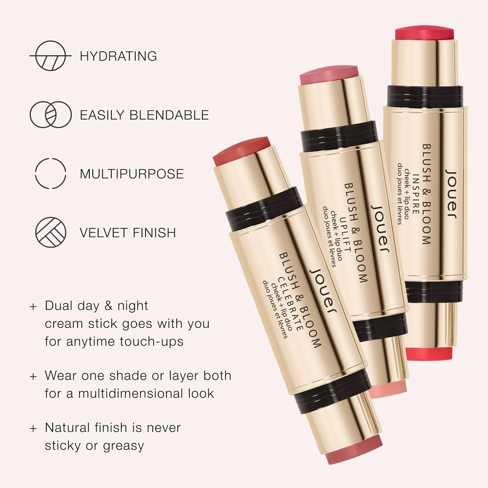 Jouer Blush & Bloom Cheek + Lip Duo - Hydrating Cream Blush Stick for Lip and Cheek Tint - Moisturizing Rose Hip and Squalane Oil Formula, Uplift