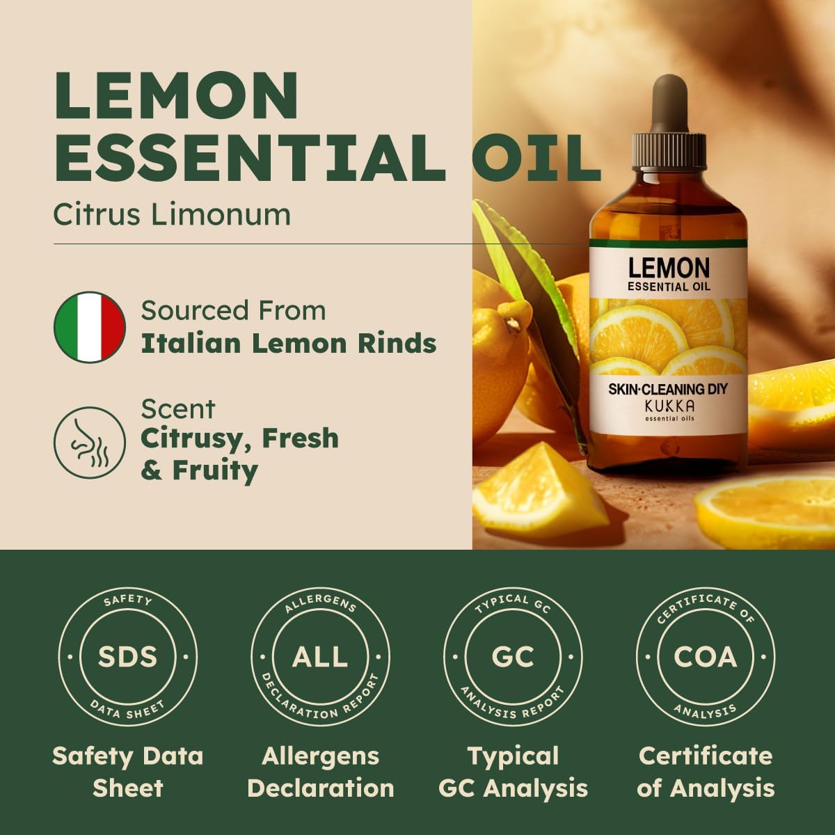Kukka Lemon Essential Oil for Skin Cleaning - 4 Fl Oz - Fresh Lemon Scent, for Diffuser, Aromatherapy, DIY Soap Making Scents