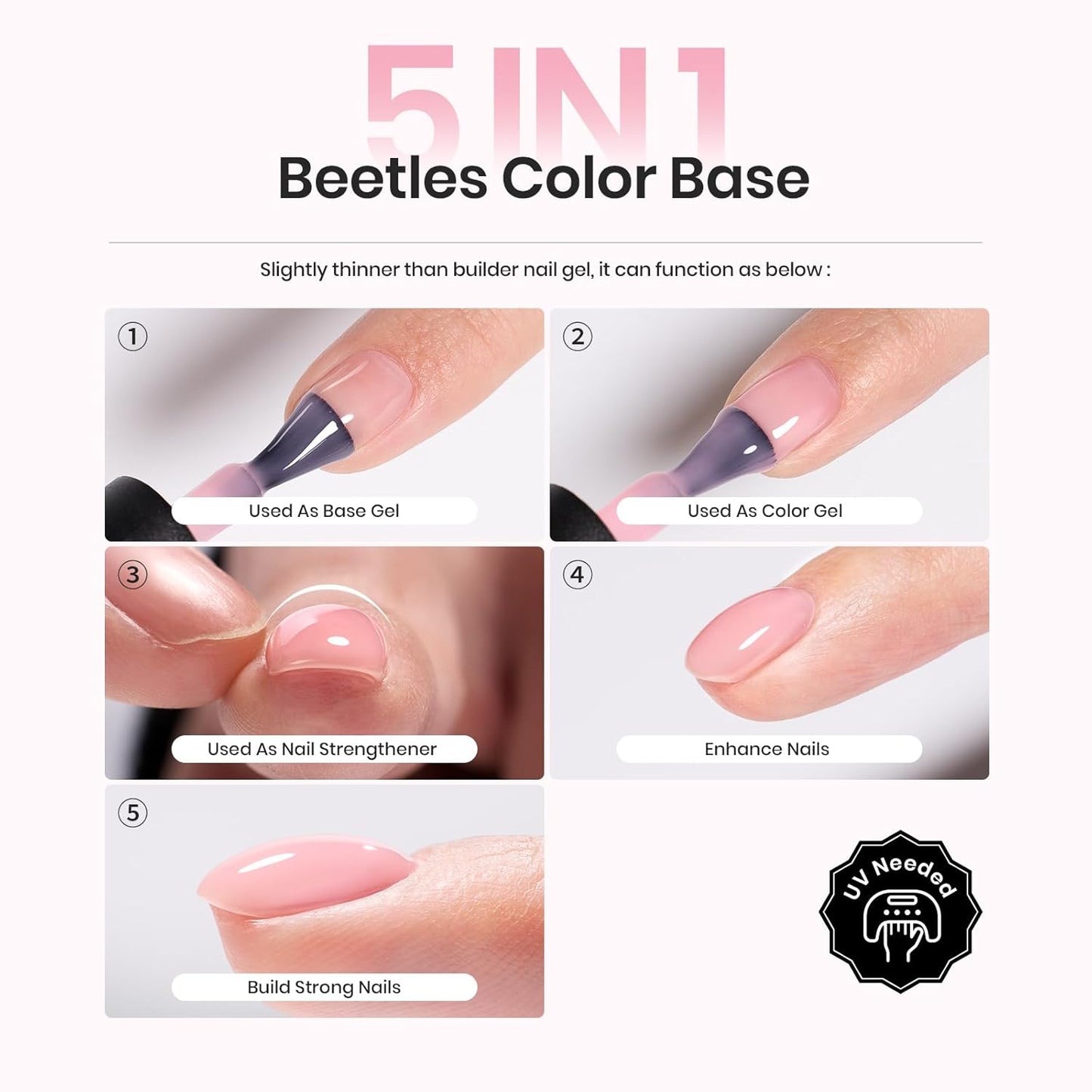 Beetles Rubber Base Gel, Nude Pink 6 Color Base Gel Polish Set, 5-in-1 Strengthening, Repairing & Smoothing Nail Base with Natural Nude Color, Self-Leveling Nail Art Manicure Gift for Women