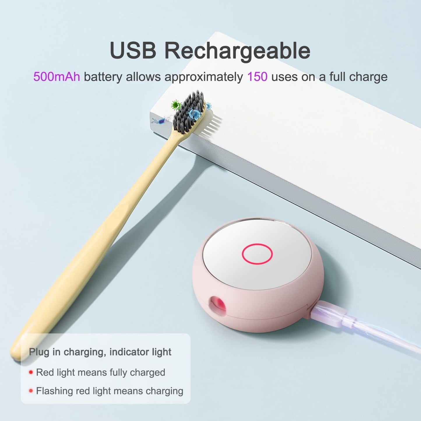 Toothbrush Holder, Toothbrush Cleaner Case, Portable USB Charging Toothbrush Cover with U V-C Light, Travel Toothbrush Holder (Pink-Mirror)