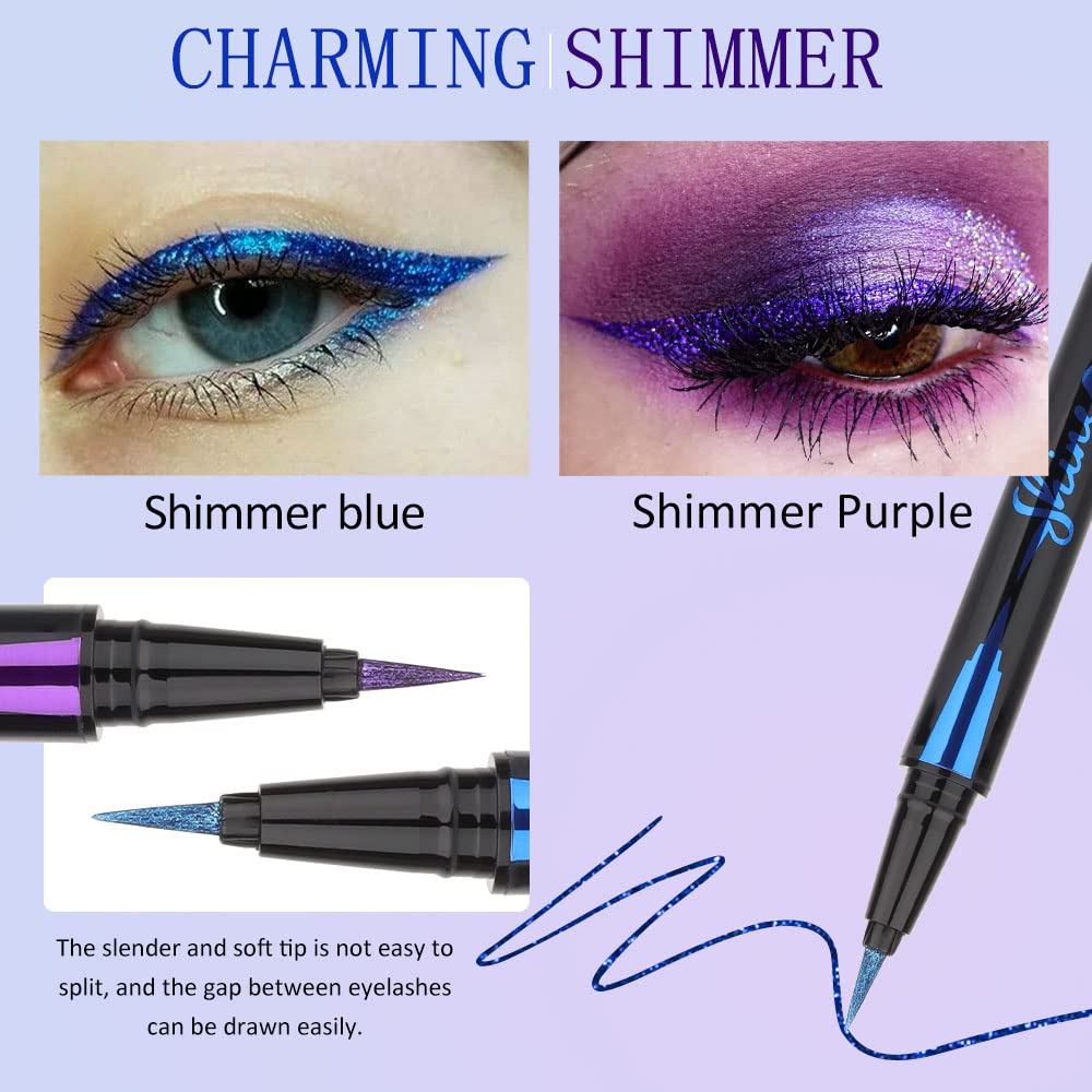 evpct 2Pcs Royal Blue & Purple Glitter Colored Liquid Eyeliner Eye Shadow Makeup Pencil Set, Purple Blue Face Body Glitter Makeup Fake Eyelashes Mascara, Sparkle Metallic Shimmer Eyeliner Waterproof