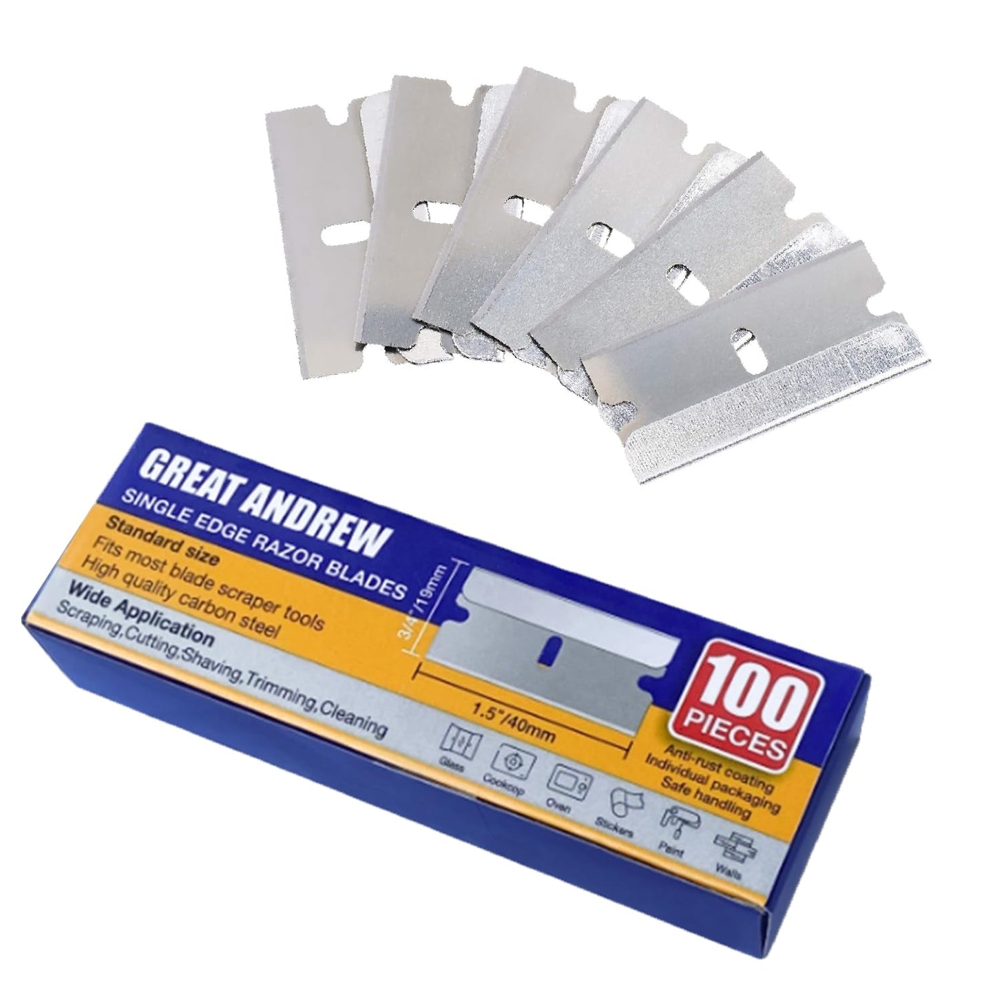 Great Andrew Single Edge Razor Blades, 100 Pack Straight Edge Razor Blade, Safety Blade Refills, Blade Scraper for Box Cutting, Crafts, DIY, Heavy Duty & Industrial Use