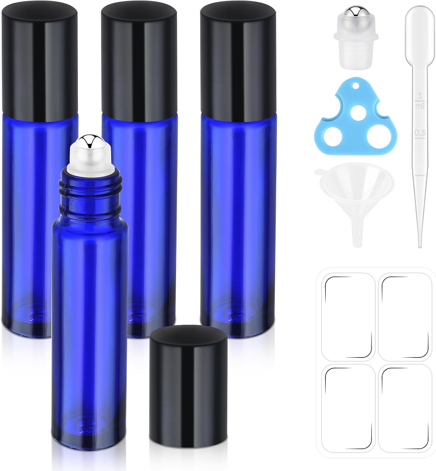 10ml Roller Bottles for Essential Oils, 4 Pack Glass Roll on Bottles Stainless Steel, Opener, Pipettes, Funnel, Stickers, Refillable Container for Perfume