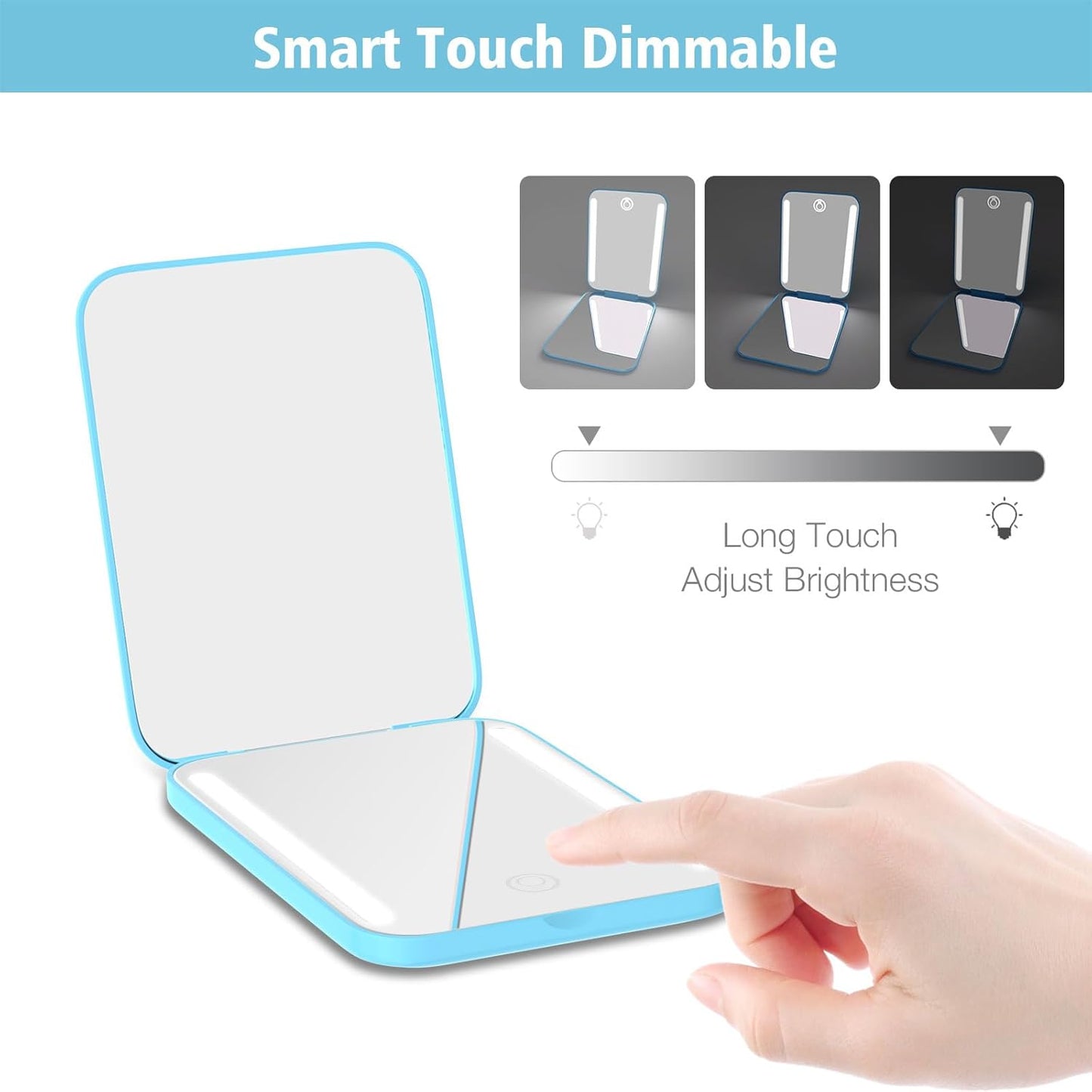 Kintion Rechargeable Pocket Mirror, Double Sided 1X/3X Magnification Compact Vanity Mirror, 3 Color Lights, Dimmable, Small Portable Wallet Mirror, Lighted Travel Mirror for Women Gifts, Blue