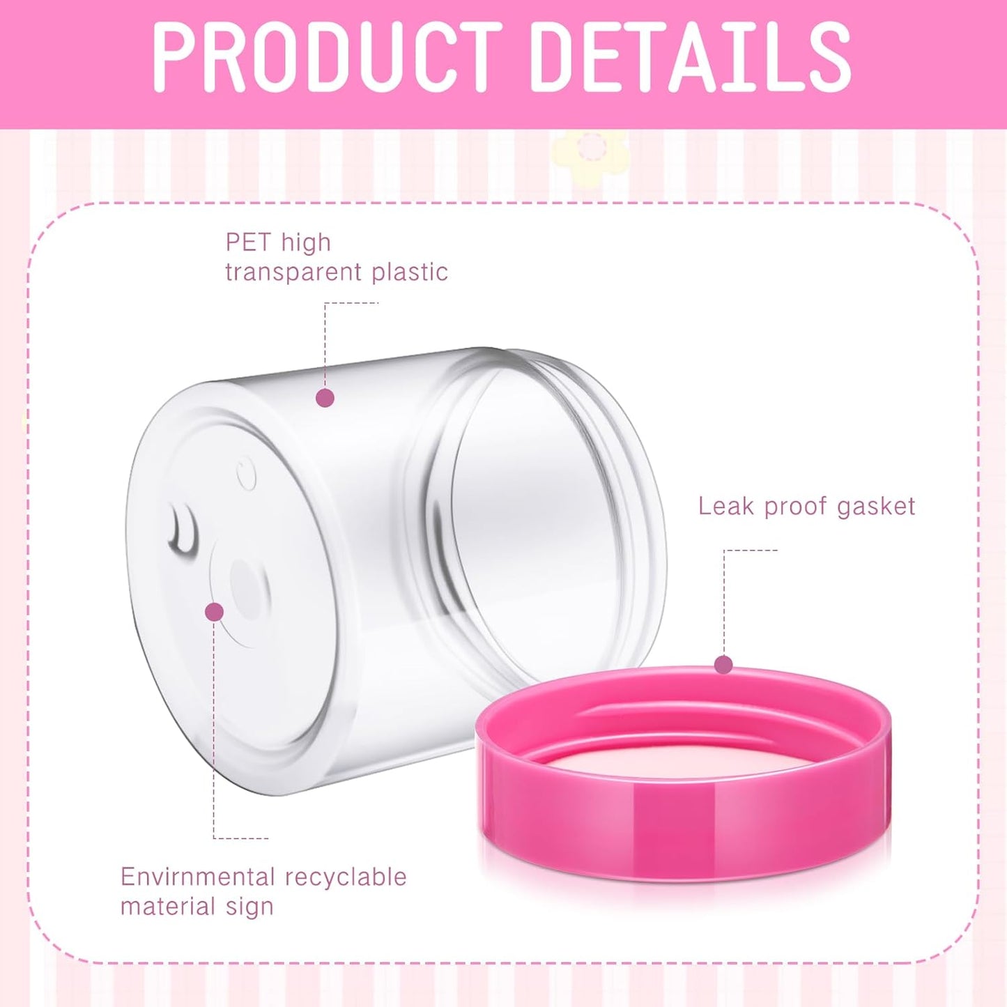 SATINIOR 24 Pieces Empty Clear Plastic Jars with Lids Round Storage Containers Wide Mouth for Beauty Product Cosmetic Cream Lotion Liquid Butter Craft and Food(Pink Lid,6 oz)