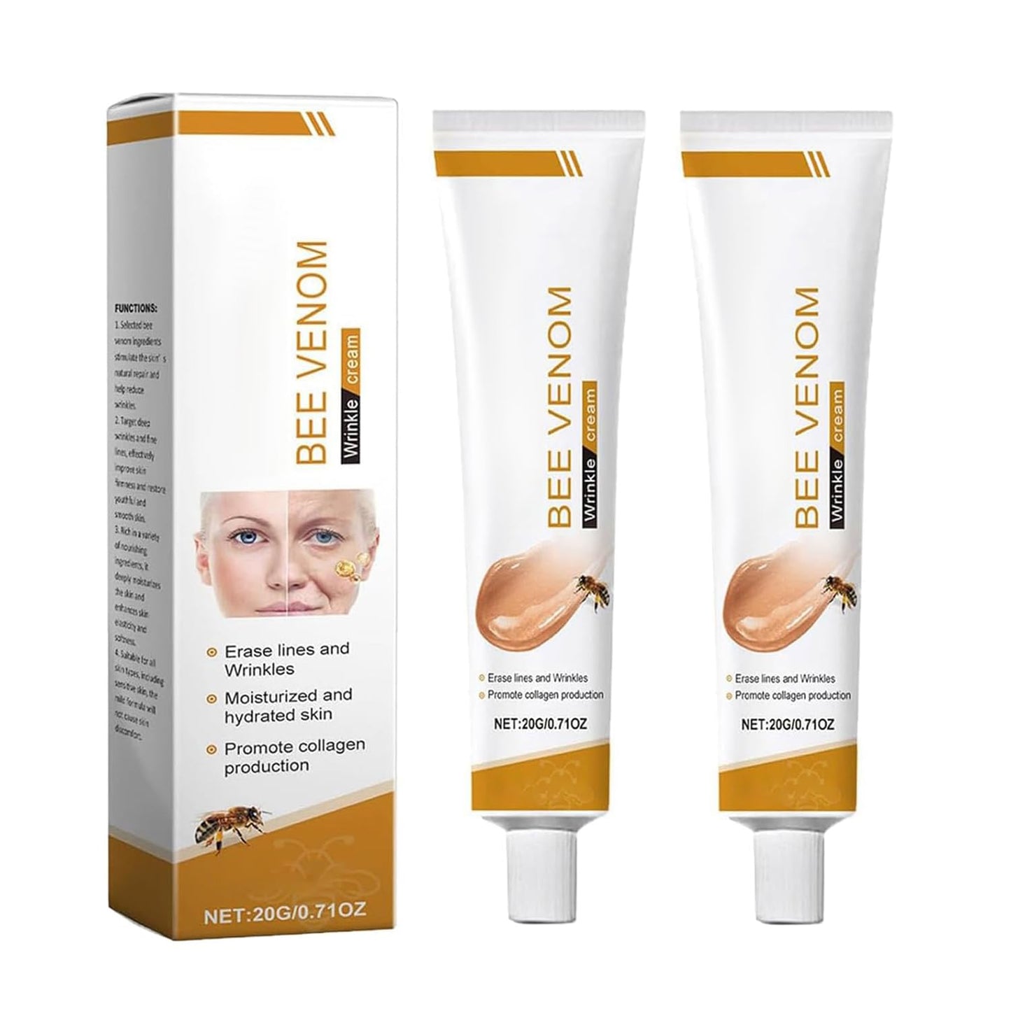 Bee Venom Moisturiser Cream Wrinkle Removal & Firming, Anti-Aging Eye & Face Bee Venom Skin Treatment Cream (2 Packs, 0.71Oz)