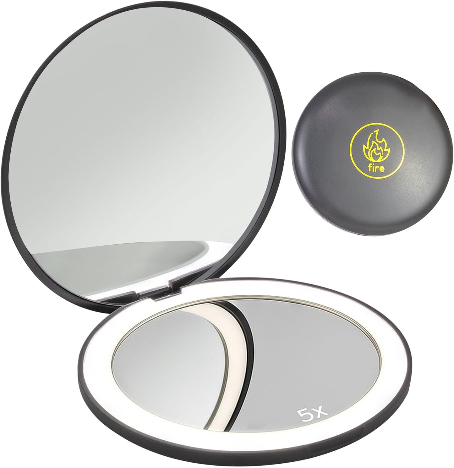 LanJo Lighted Compact Mirror with 1X/5X Magnification, Stepless Dimming & 3 Adjustable Light Settings, Rechargeable Makeup Mirror for Purse, Travel & Gifts – Fire Sign Zodiac Design – Charcoal Grey