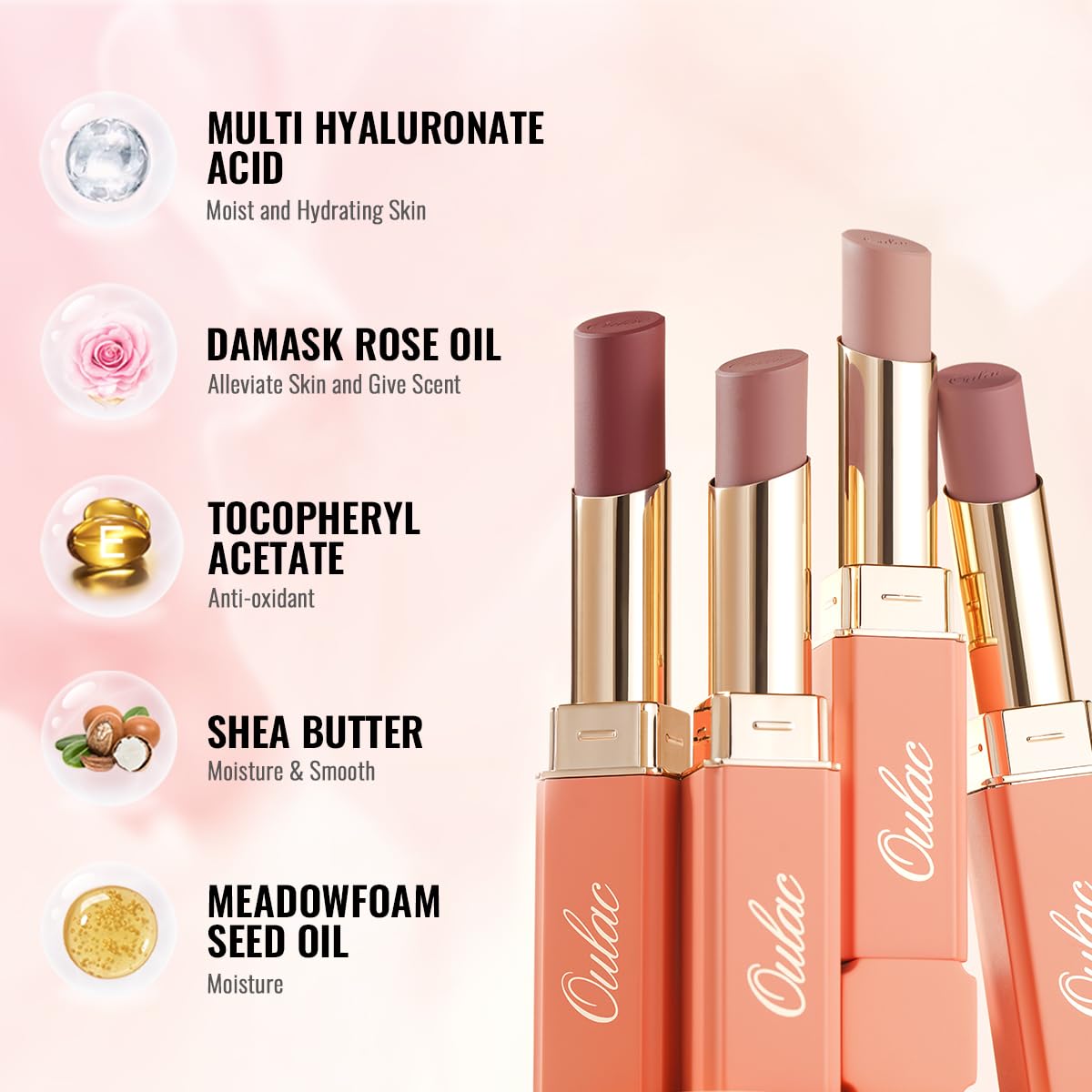 Oulac Color Rich Satin Lipstick - Pink Brown Full Coverage Lip Color, Creamy Silky-Smooth, Moisturizing, Satin Matte Finish, Infused With Shea Butter, Vegan & Clean Beauty, 4g, SG11 Breathtaking